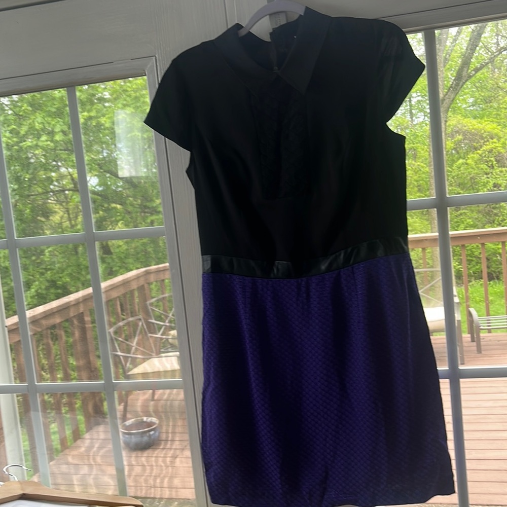 Kenzie black and purple dress with leather band around waist.  Zips up the back.